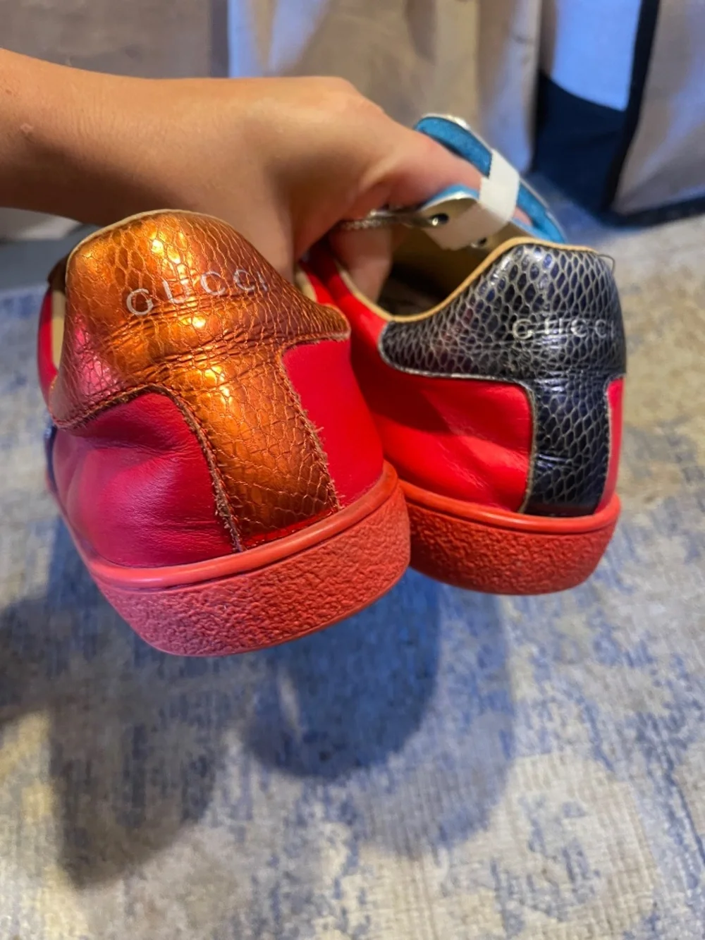 Gucci Red Leather Sneakers with Black Stripe and Gold Bee
